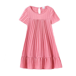 Round Neck Short Sleeves Striped Ruffled A-Line Dress
