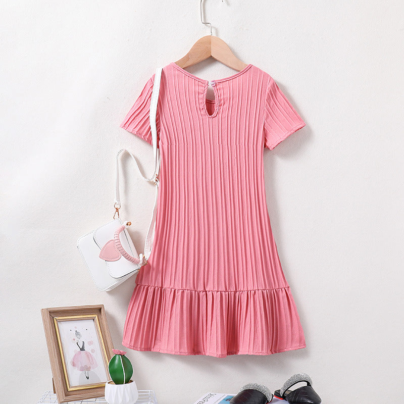 Round Neck Short Sleeves Striped Ruffled A-Line Dress