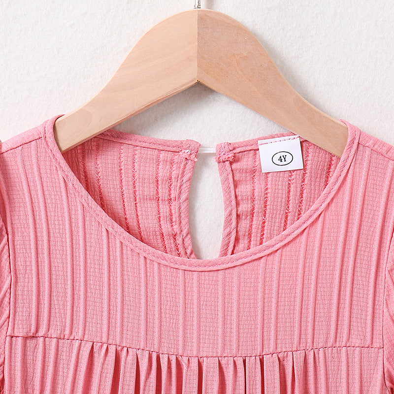 Round Neck Short Sleeves Striped Ruffled A-Line Dress