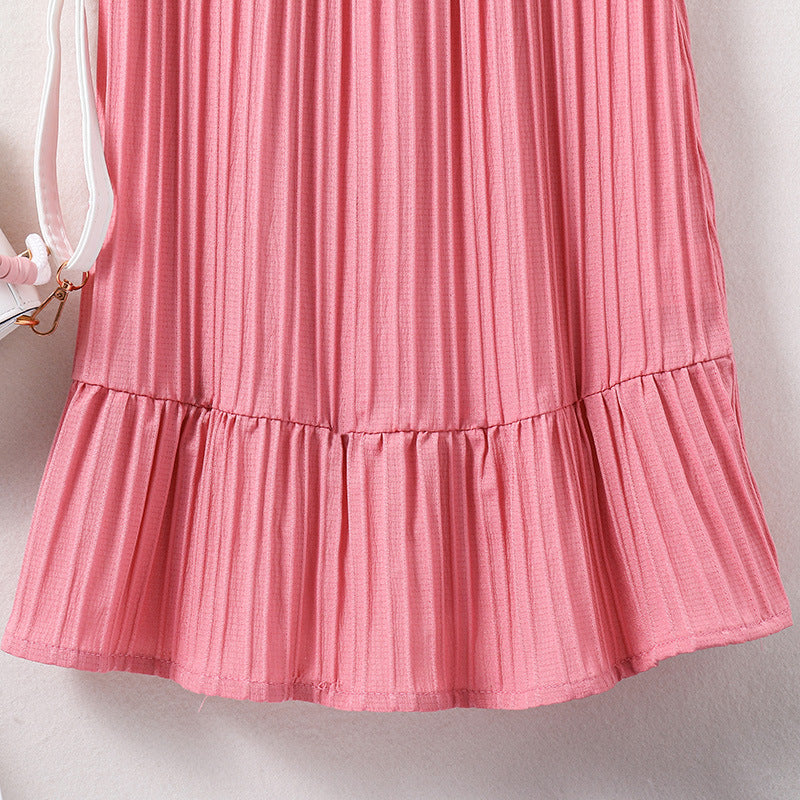 Round Neck Short Sleeves Striped Ruffled A-Line Dress