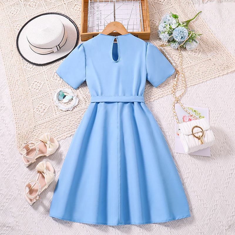 Blue Girls Tie Up Fit & Flare Midi Dress