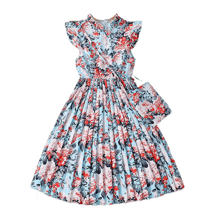 Girls Floral Printed Cap Sleeves Accordion Pleats Fit and Flare Maxi Dress