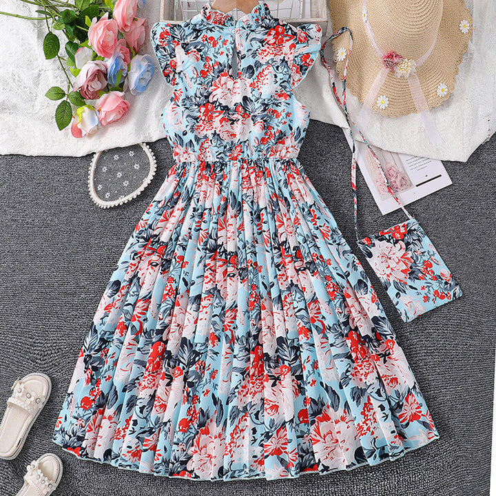 Girls Floral Printed Cap Sleeves Accordion Pleats Fit and Flare Maxi Dress
