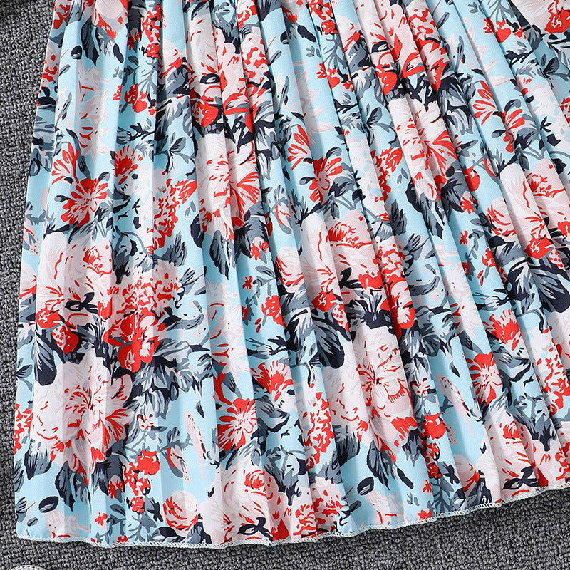Girls Floral Printed Cap Sleeves Accordion Pleats Fit and Flare Maxi Dress