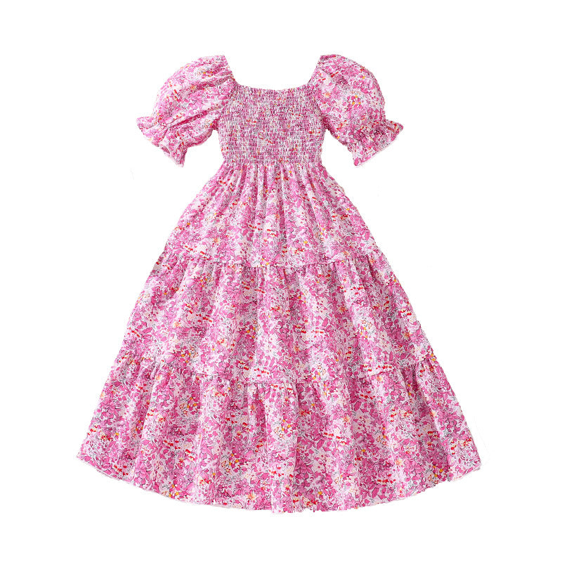Girls Pink Square Neck Floral Print Puff Sleeve Layered Maxi Dress