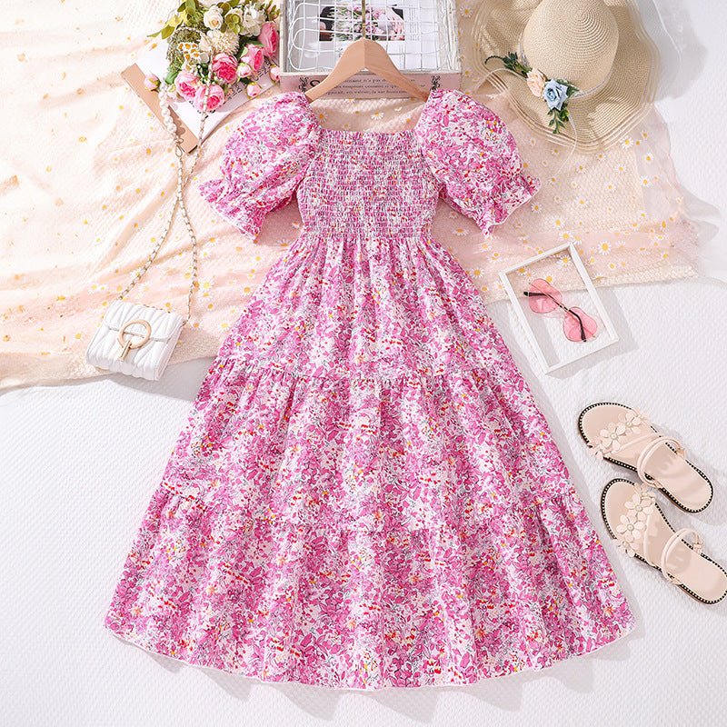 Girls Pink Square Neck Floral Print Puff Sleeve Layered Maxi Dress