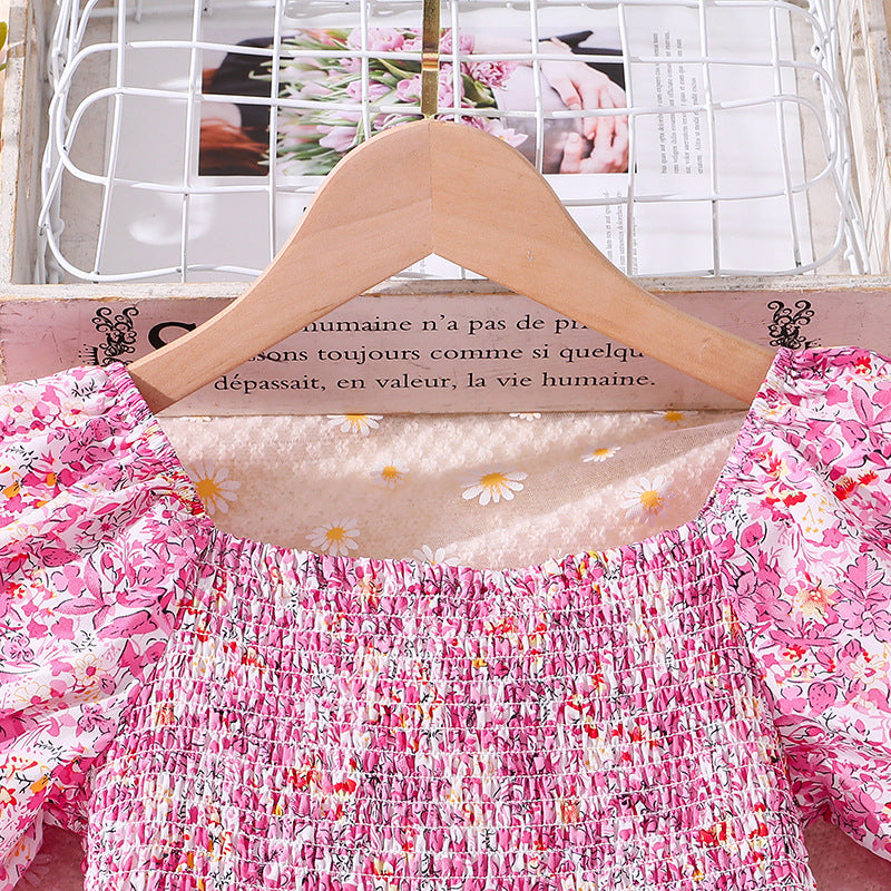 Girls Pink Square Neck Floral Print Puff Sleeve Layered Maxi Dress