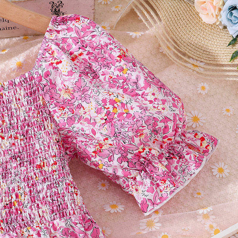 Girls Pink Square Neck Floral Print Puff Sleeve Layered Maxi Dress