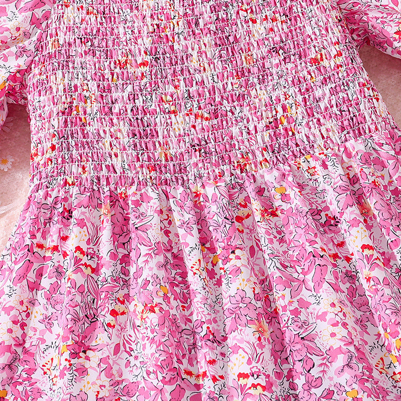 Girls Pink Square Neck Floral Print Puff Sleeve Layered Maxi Dress
