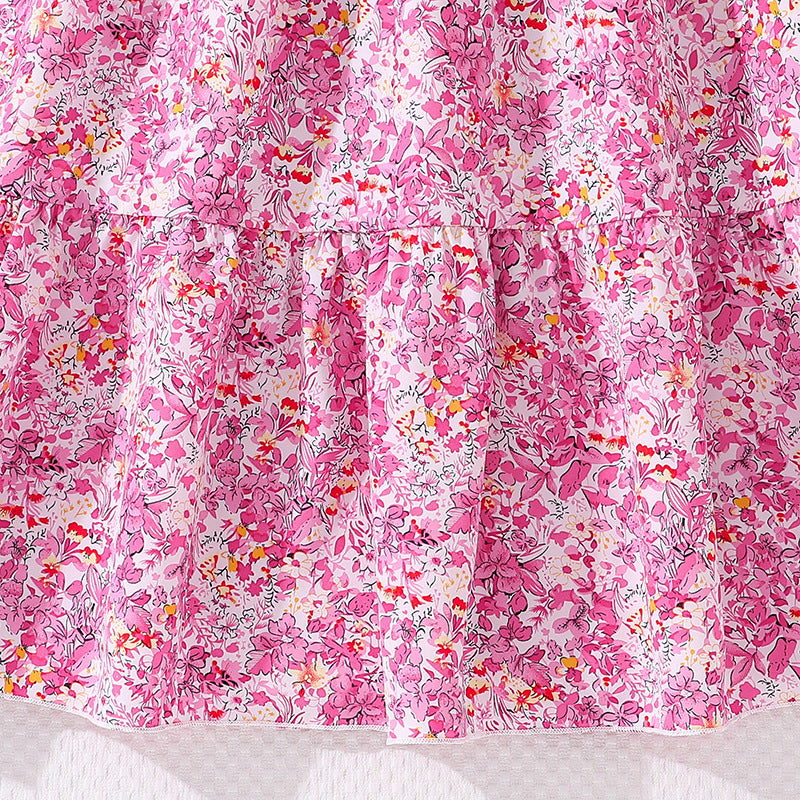 Girls Pink Square Neck Floral Print Puff Sleeve Layered Maxi Dress