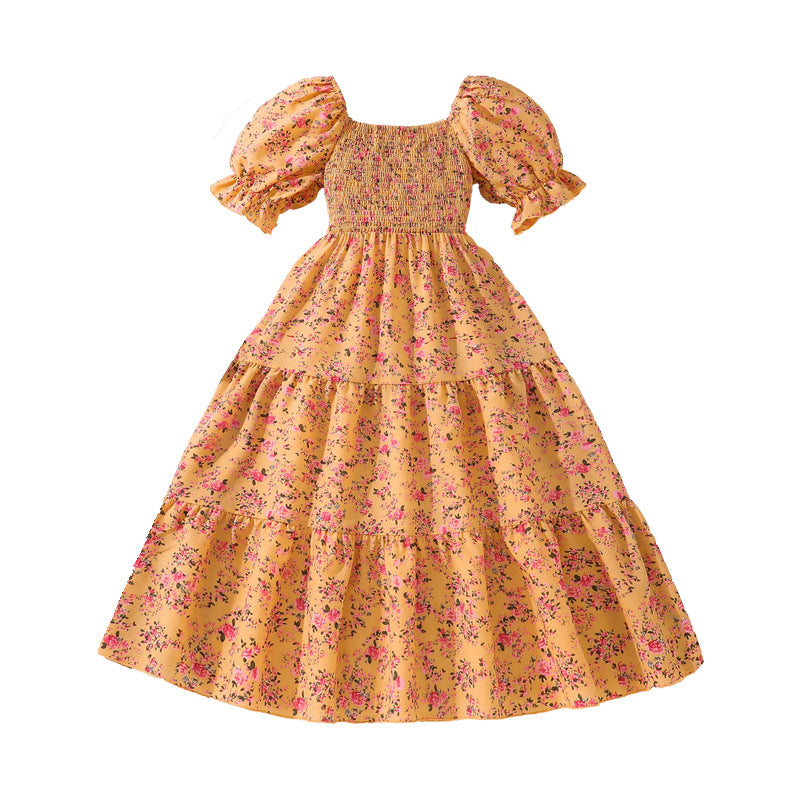 Floral Printed Puff Sleeves Smocked Tiered Fit & Flare Maxi Dress