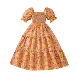 Floral Printed Puff Sleeves Smocked Tiered Fit & Flare Maxi Dress