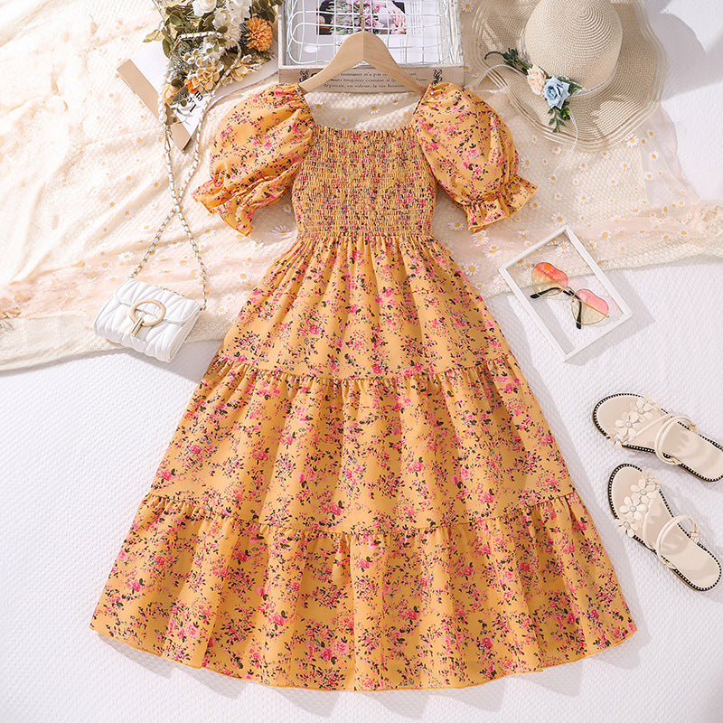 Floral Printed Puff Sleeves Smocked Tiered Fit & Flare Maxi Dress