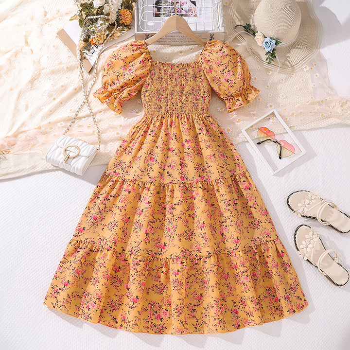 Floral Printed Puff Sleeves Smocked Tiered Fit & Flare Maxi Dress