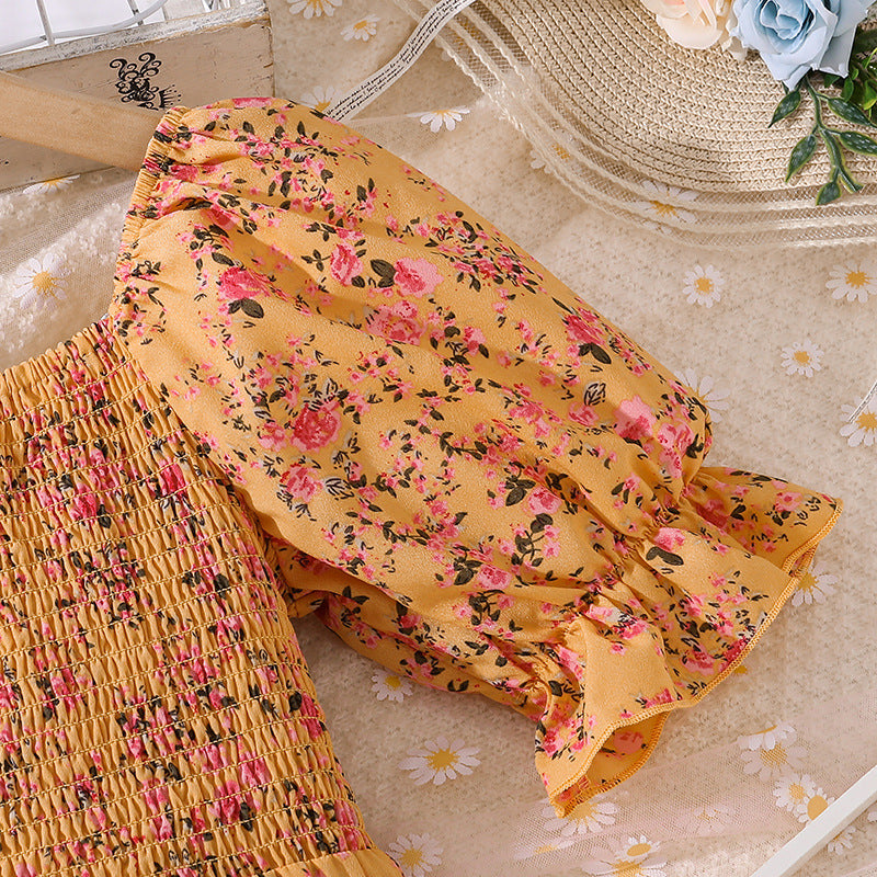 Floral Printed Puff Sleeves Smocked Tiered Fit & Flare Maxi Dress