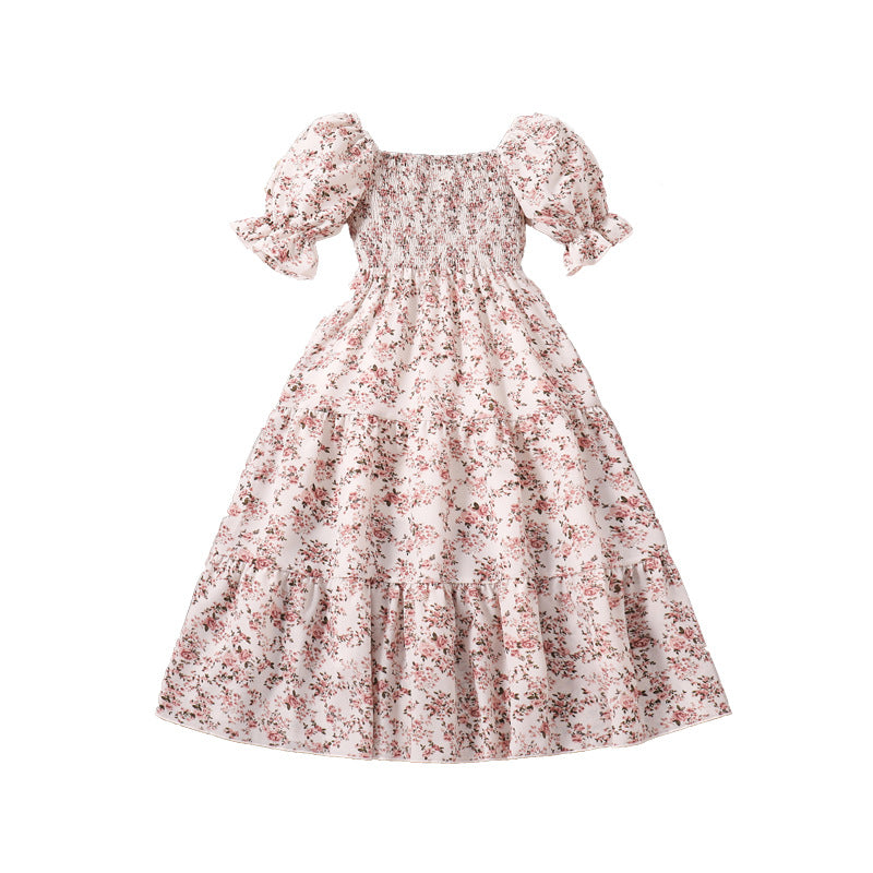 Girls Printed Puff Sleeves Smocked Tiered Fit & Flare Maxi Dress
