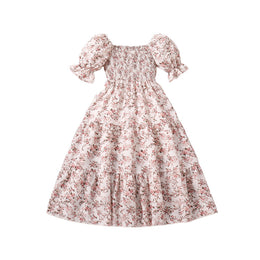 Girls Printed Puff Sleeves Smocked Tiered Fit & Flare Maxi Dress