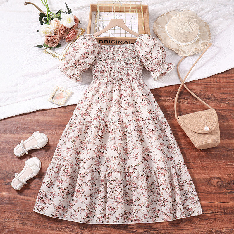 Girls Printed Puff Sleeves Smocked Tiered Fit & Flare Maxi Dress
