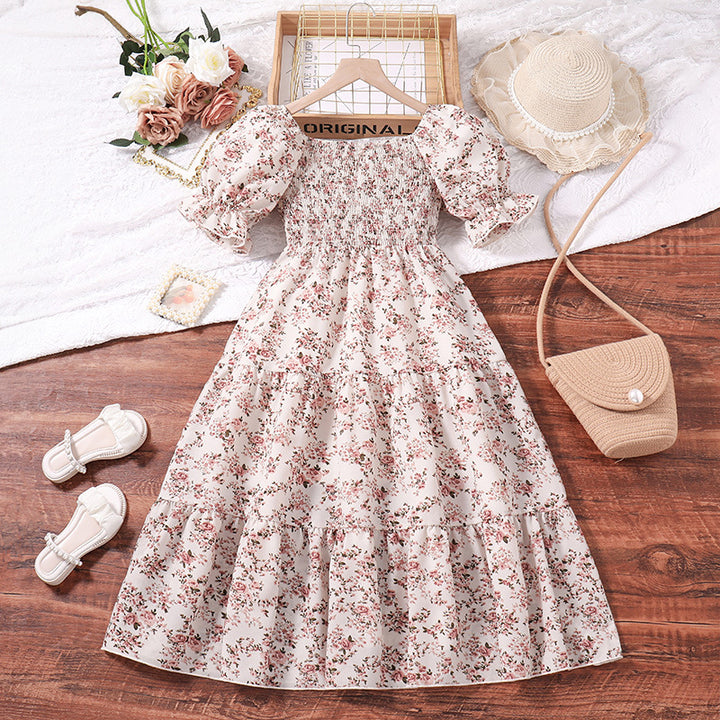 Girls Printed Puff Sleeves Smocked Tiered Fit & Flare Maxi Dress
