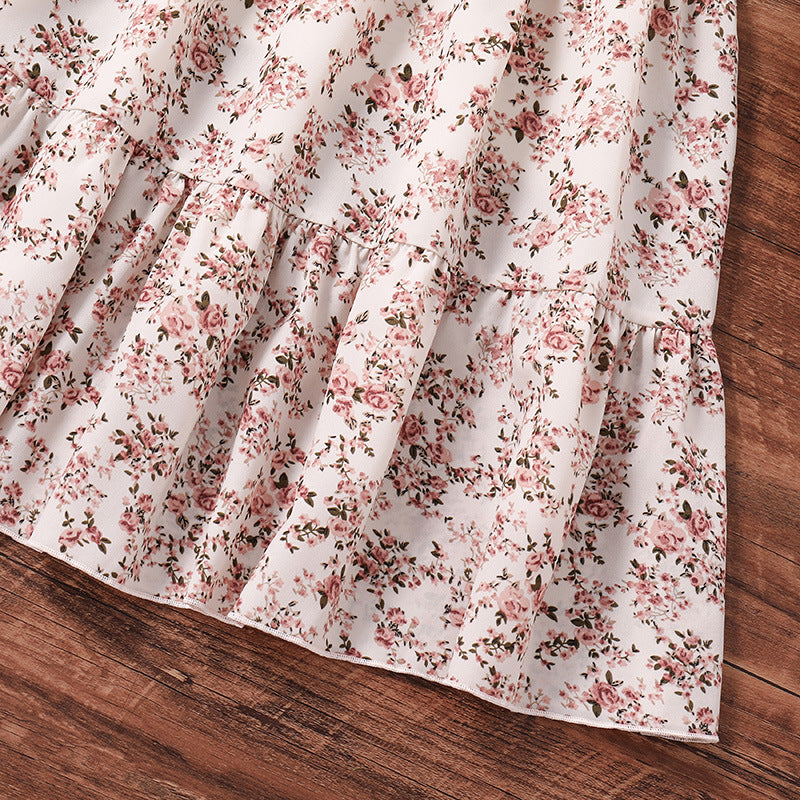 Girls Printed Puff Sleeves Smocked Tiered Fit & Flare Maxi Dress