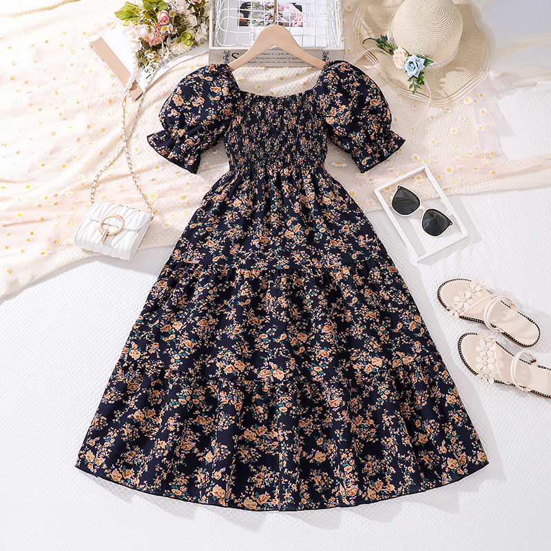Girls Printed Puff Sleeves Smocked Tiered Fit & Flare Maxi Dress