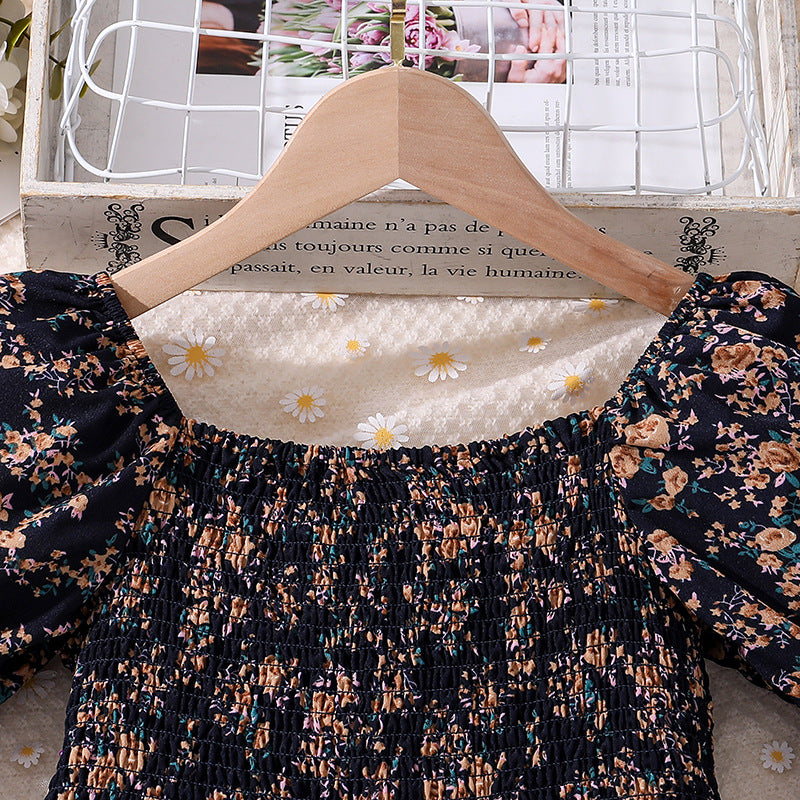 Girls Printed Puff Sleeves Smocked Tiered Fit & Flare Maxi Dress
