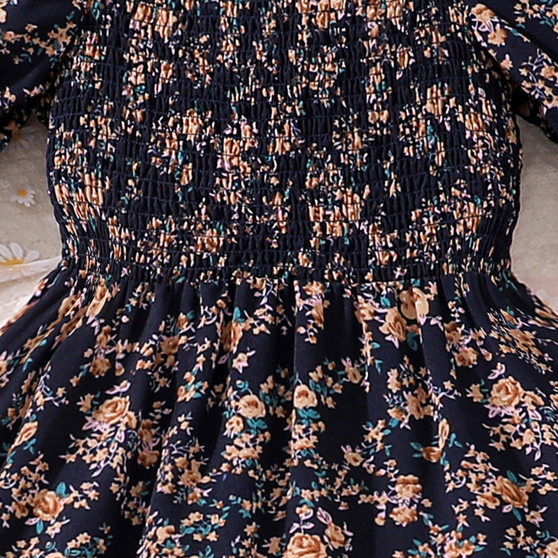Girls Printed Puff Sleeves Smocked Tiered Fit & Flare Maxi Dress