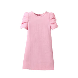 Girls Round Neck Puff Sleeves A-Line Midi Dress