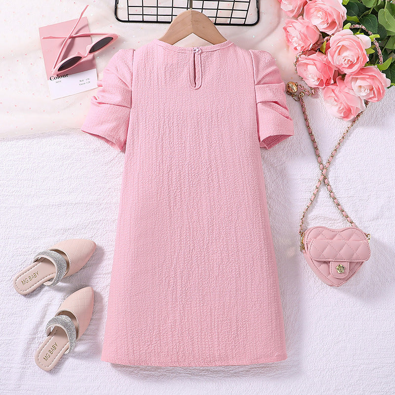 Girls Round Neck Puff Sleeves A-Line Midi Dress