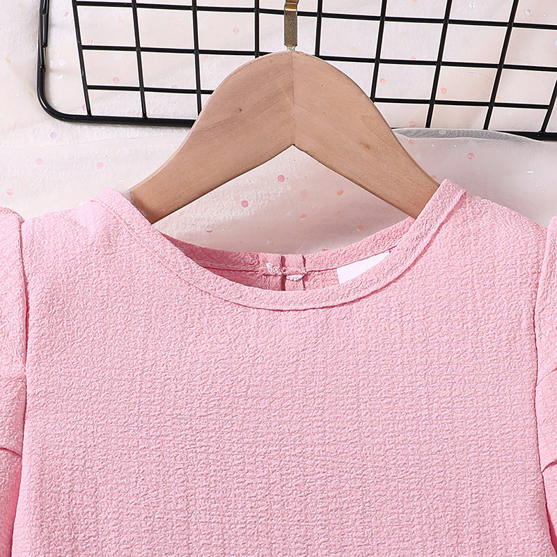 Girls Round Neck Puff Sleeves A-Line Midi Dress