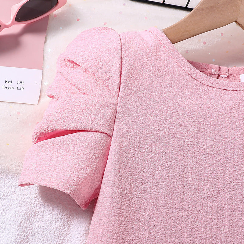 Girls Round Neck Puff Sleeves A-Line Midi Dress