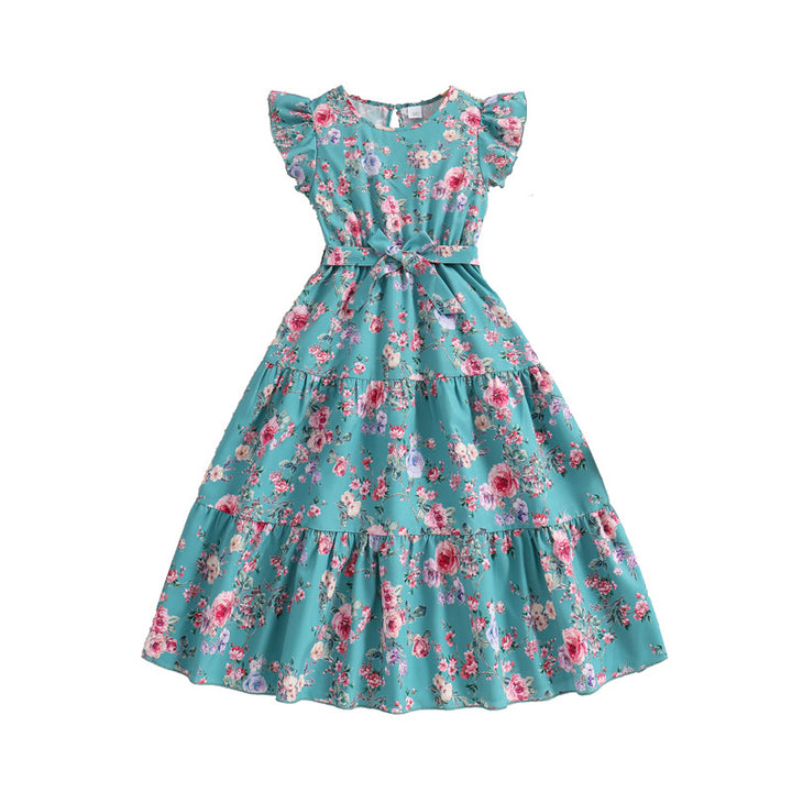 Girls Blue Round Neck Floral Print Layered Maxi Dress