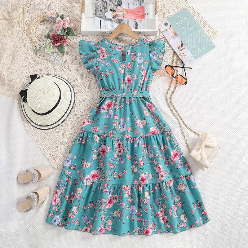 Girls Blue Round Neck Floral Print Layered Maxi Dress