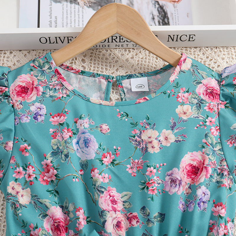 Girls Blue Round Neck Floral Print Layered Maxi Dress