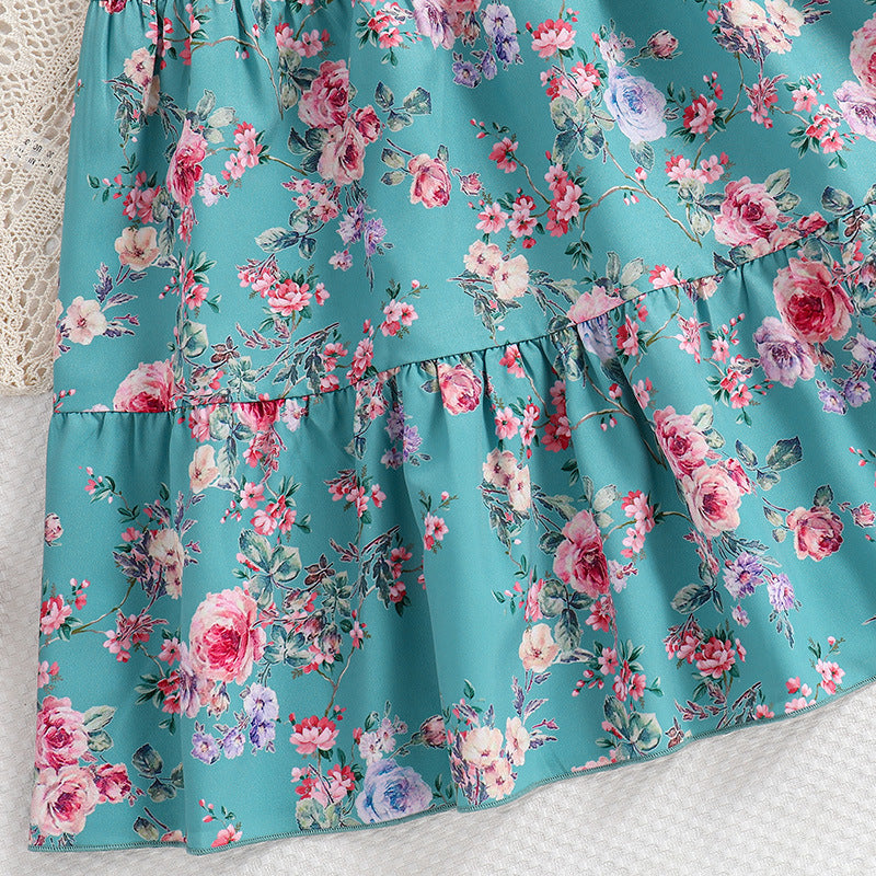 Girls Blue Round Neck Floral Print Layered Maxi Dress