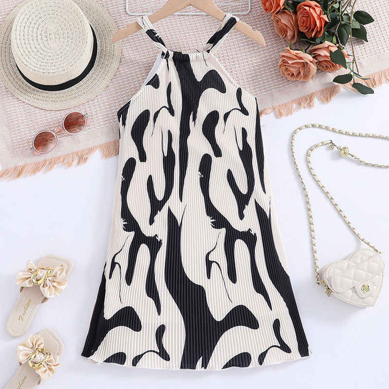 Girls Beige& Black Print A-Line Dress