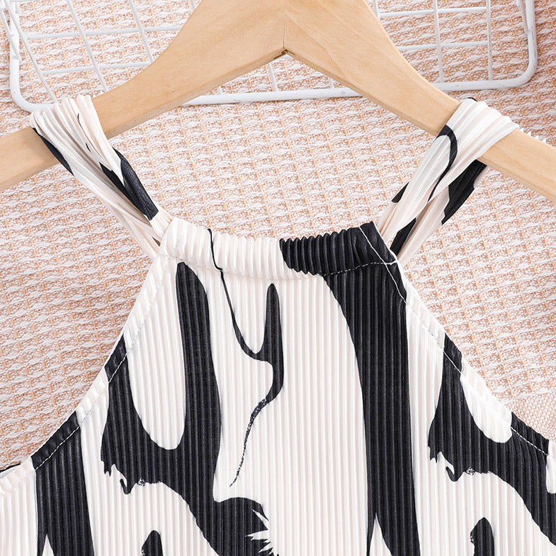 Girls Beige& Black Print A-Line Dress