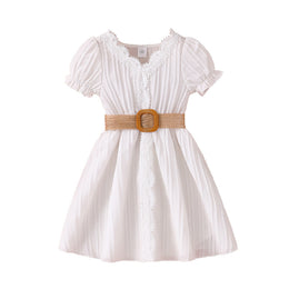 Girls White Self Design Lace-Up Puffed Sleeves Fit & Flare Dress