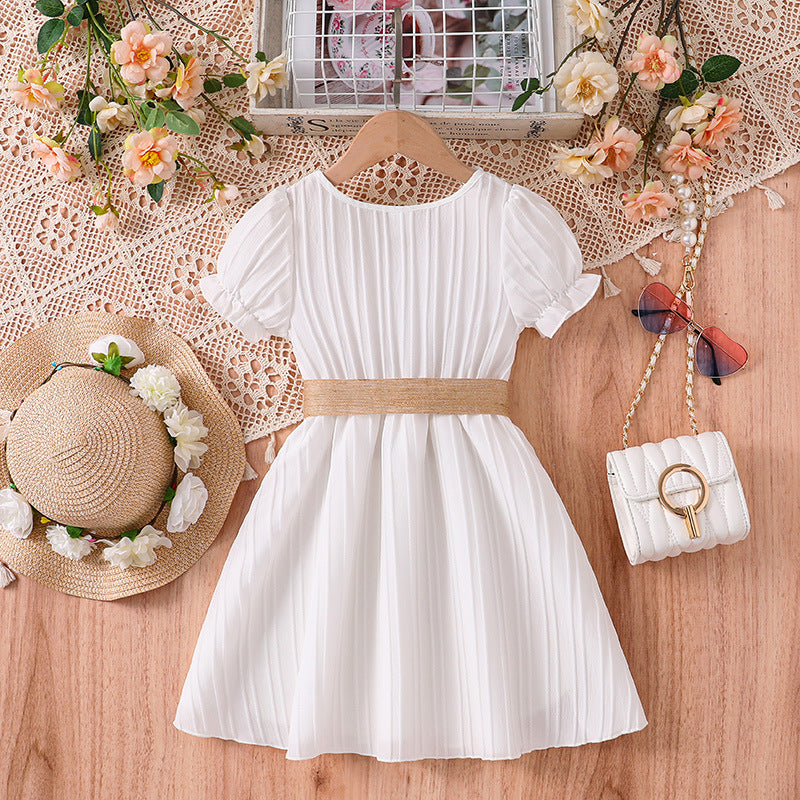 Girls White Self Design Lace-Up Puffed Sleeves Fit & Flare Dress