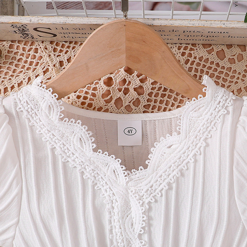 Girls White Self Design Lace-Up Puffed Sleeves Fit & Flare Dress