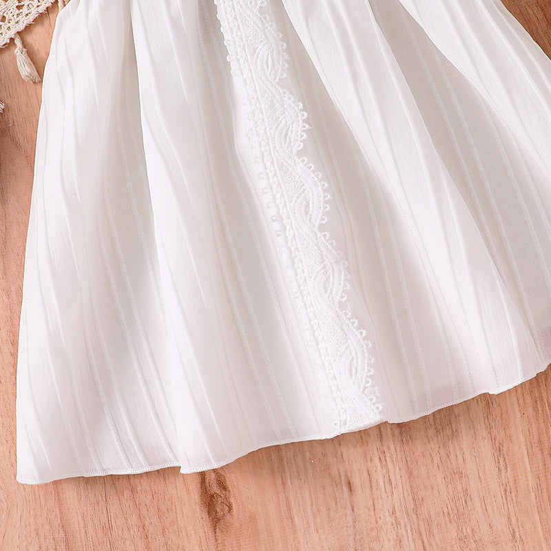 Girls White Self Design Lace-Up Puffed Sleeves Fit & Flare Dress