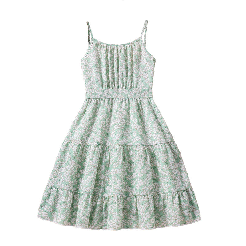 Girls Green Floral Printed Sleeveless Smocked Fit and Flare Mini Dress