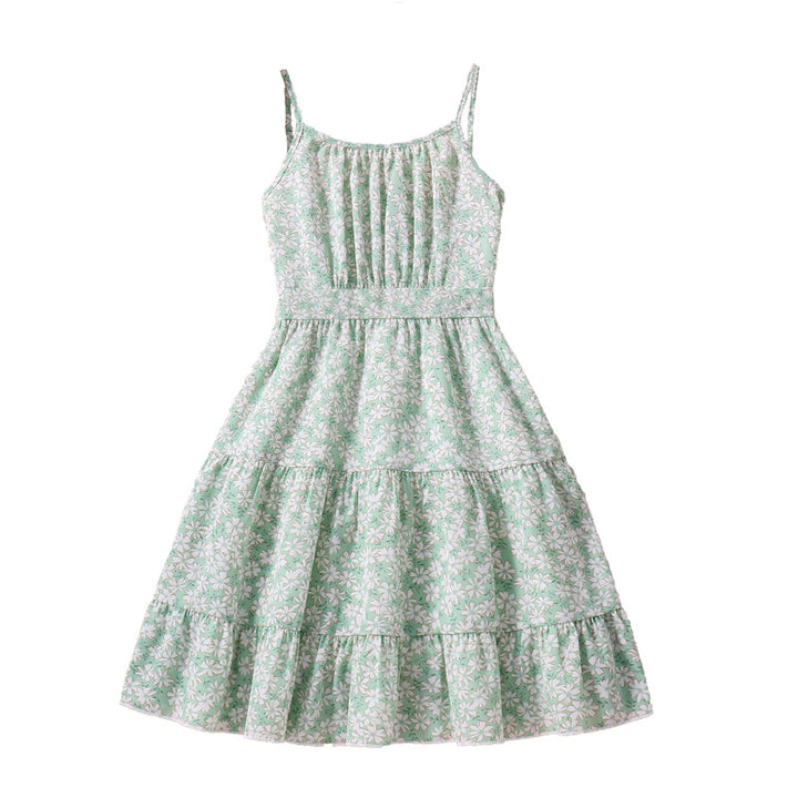 Girls Green Floral Printed Sleeveless Smocked Fit and Flare Mini Dress