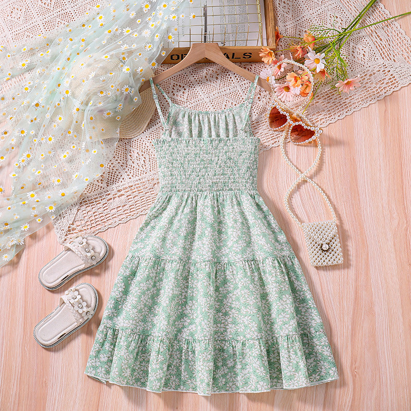 Girls Green Floral Printed Sleeveless Smocked Fit and Flare Mini Dress