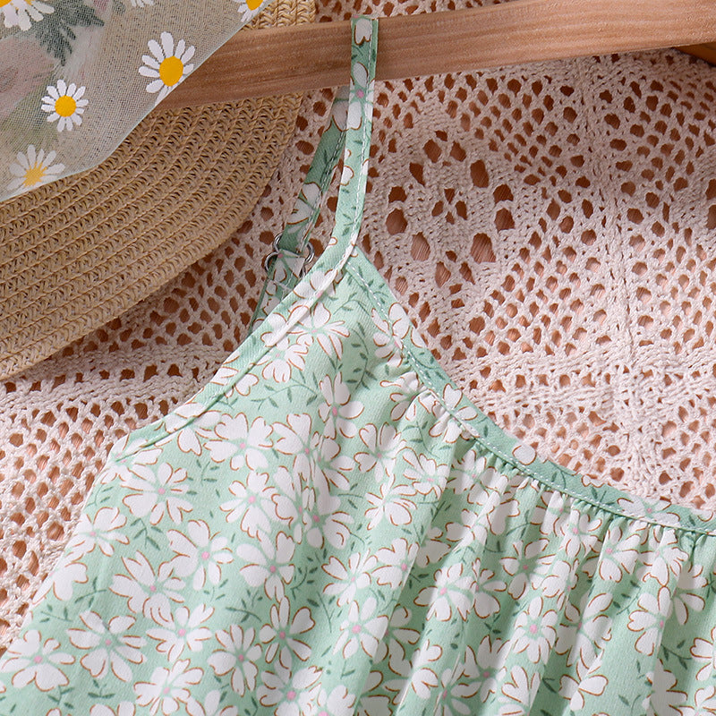 Girls Green Floral Printed Sleeveless Smocked Fit and Flare Mini Dress