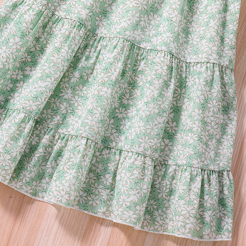 Girls Green Floral Printed Sleeveless Smocked Fit and Flare Mini Dress