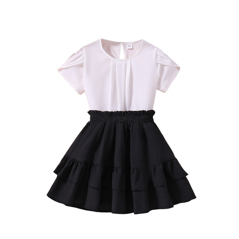 Girls White Round Neck Top with Skirt