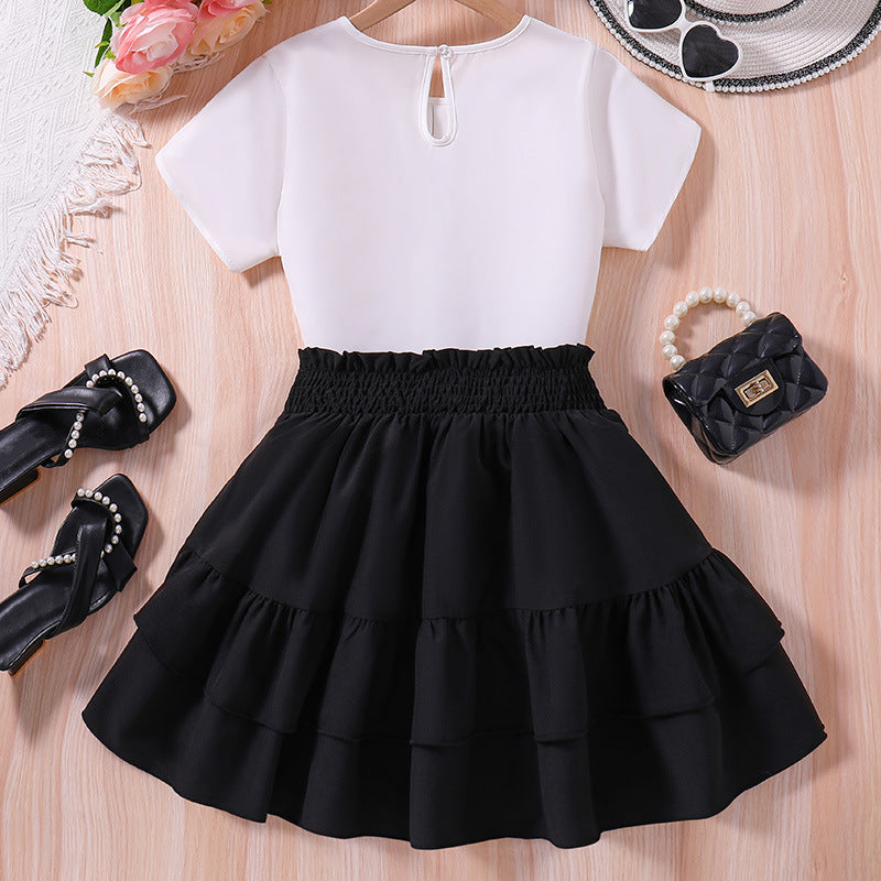 Girls White Round Neck Top with Skirt