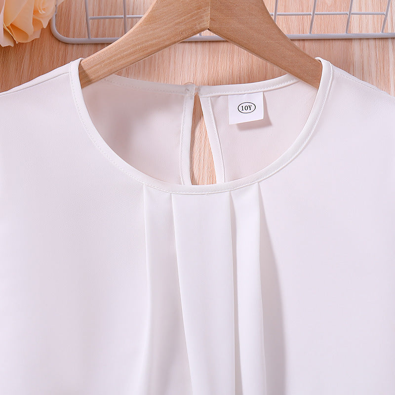 Girls White Round Neck Top with Skirt