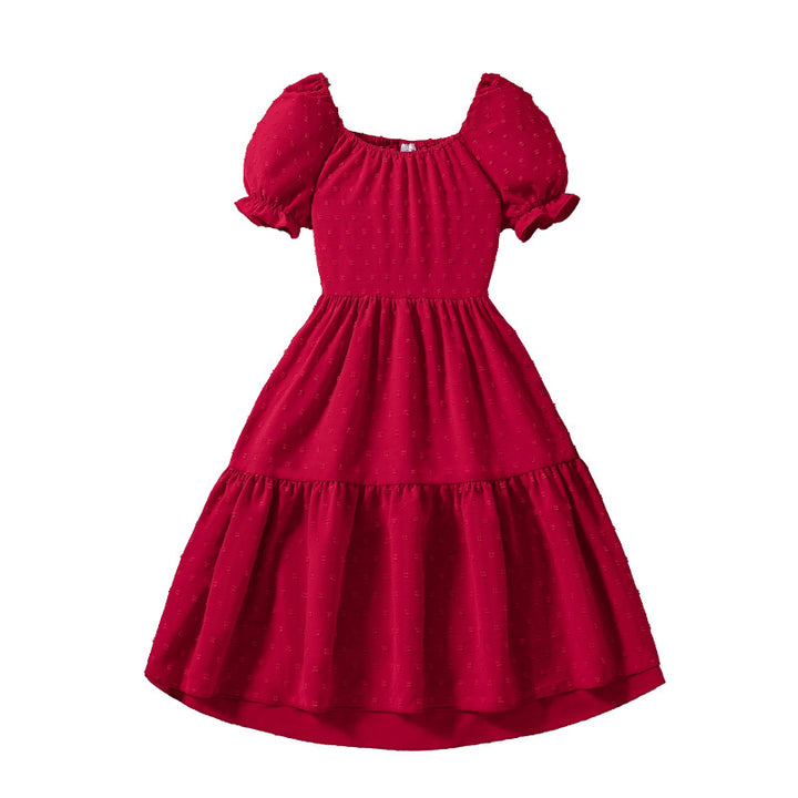 Red Girls Puff Sleeve Layered Fit & Flare Maxi Dress